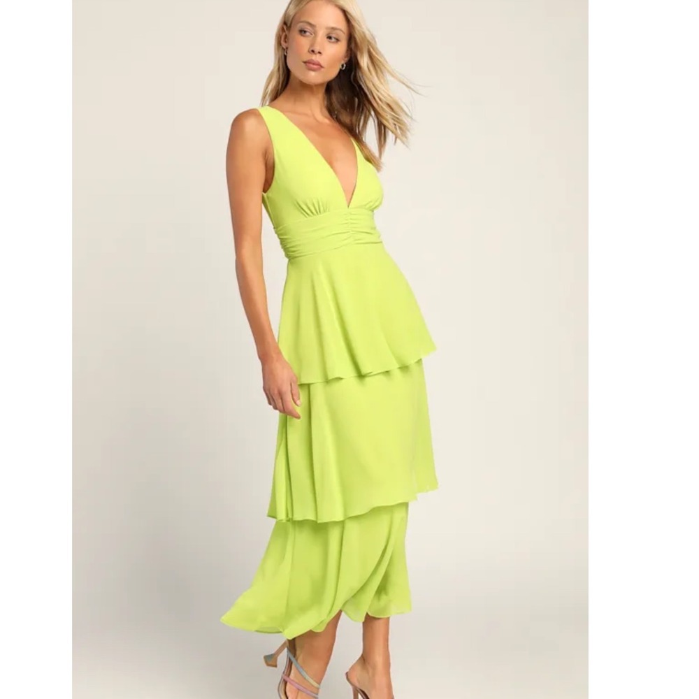 Lulu's Neon Lime Tiered V-Neck Prom Dress - Picture 2 of 16